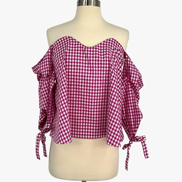 Caroline Constas Pink Gingham Plaid Gabriella Blouse Size XS Off Shoulders - Picture 1 of 11